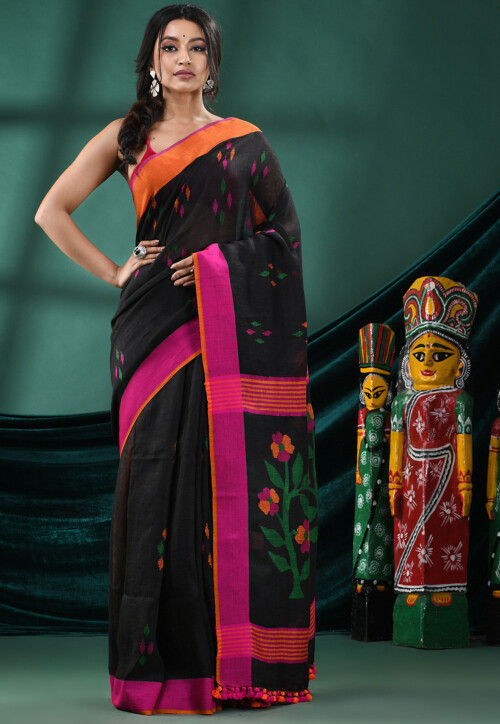Handloom Pure Linen Saree in Black