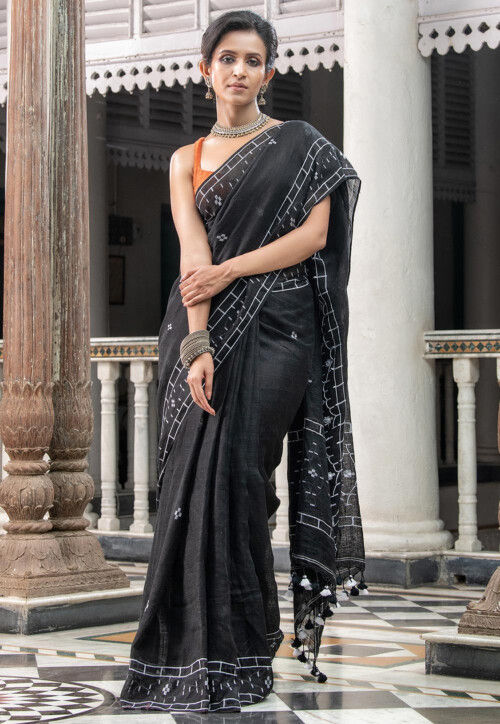 Buy Handloom Pure Linen Saree in Black Online SBEA3137 Utsav