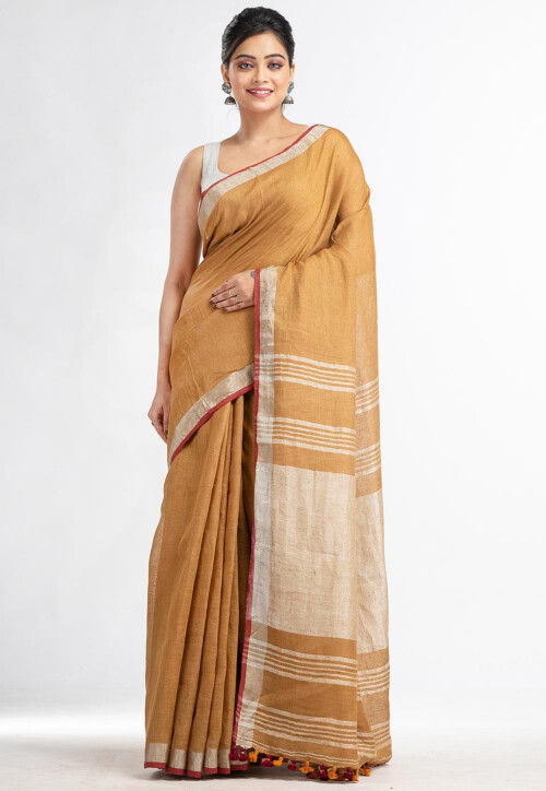 Handloom Pure Linen Saree in Mustard