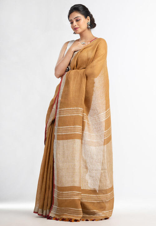 Handloom Pure Linen Saree in Mustard