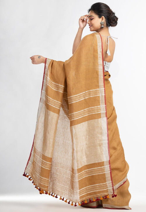 Handloom Pure Linen Saree in Mustard