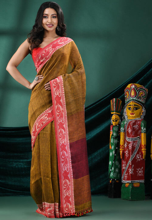 Handloom Pure Linen Saree in Mustard