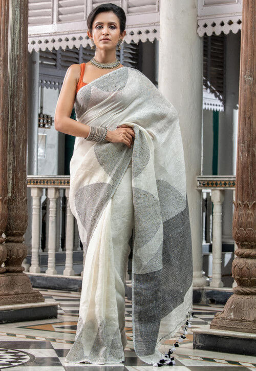 Handloom Pure Linen Saree in Off White