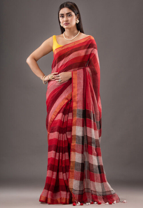 Trendy Red Colored PartyWear Pure Linen Saree