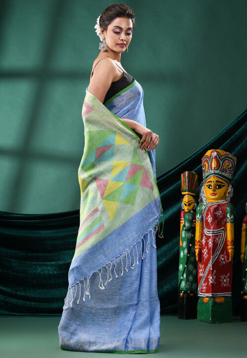 Handloom Pure Linen Saree in Sky Blue