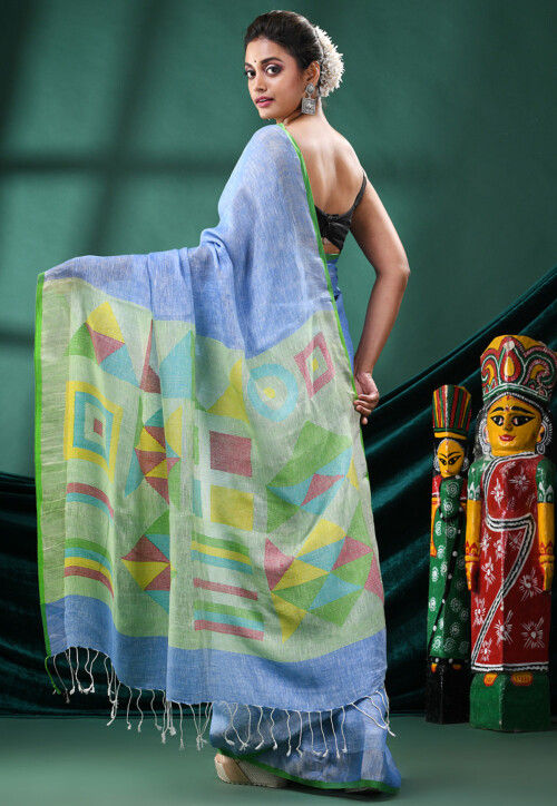 Handloom Pure Linen Saree in Sky Blue