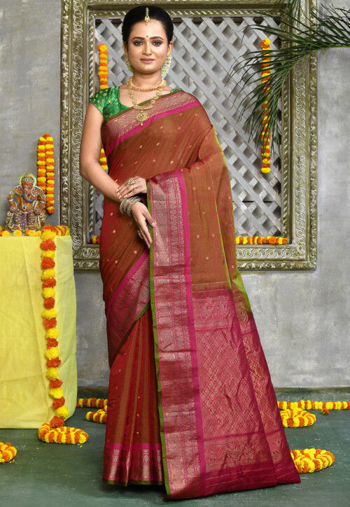 Handloom Pure Silk Cotton Gadwal Saree in Brown