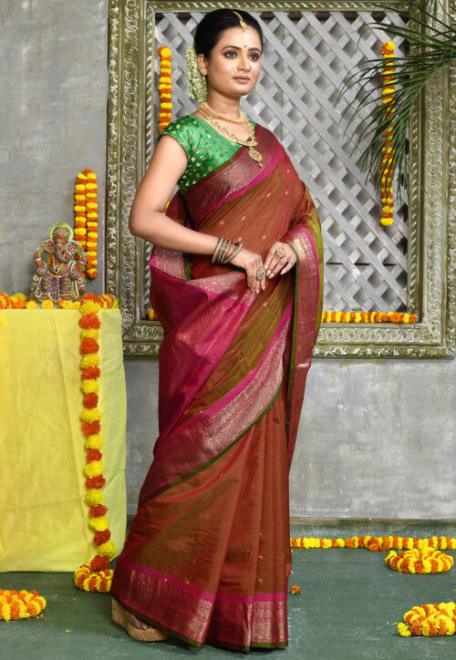 Handloom Pure Silk Cotton Gadwal Saree in Brown