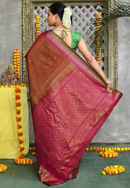 Handloom Pure Silk Cotton Gadwal Saree in Brown