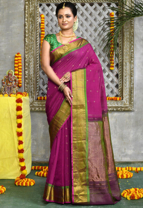 Blue striped gadwal cotton saree, contrast traditional zari design border &  zari enriched pallu of zari designs