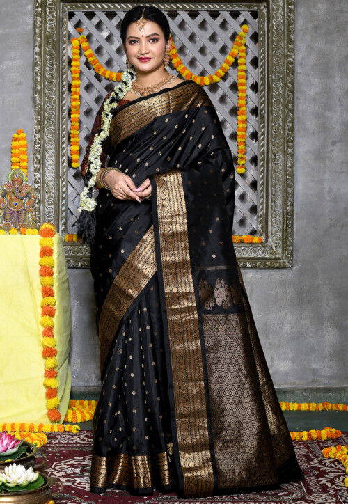 Buy Black Raw Silk Saree With Blouse Piece online-Karagiri