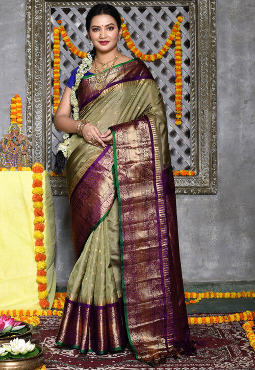 Muggu Design Meenakari Gadwal Silk Saree in Purple with Two Tone Borde –  Shobitam