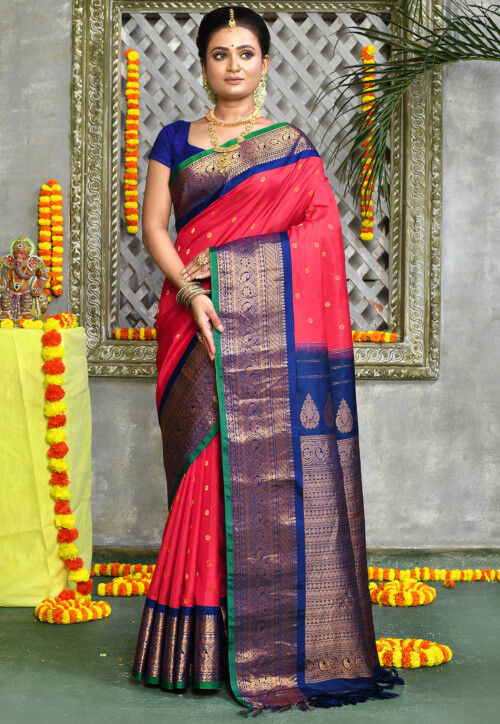 Dual tone green with pink kanchivarm silk saree Cost: 15500 inr Whatsapp:  91 7019277192 | Saree designs, Silk sarees, Blouse hand designs