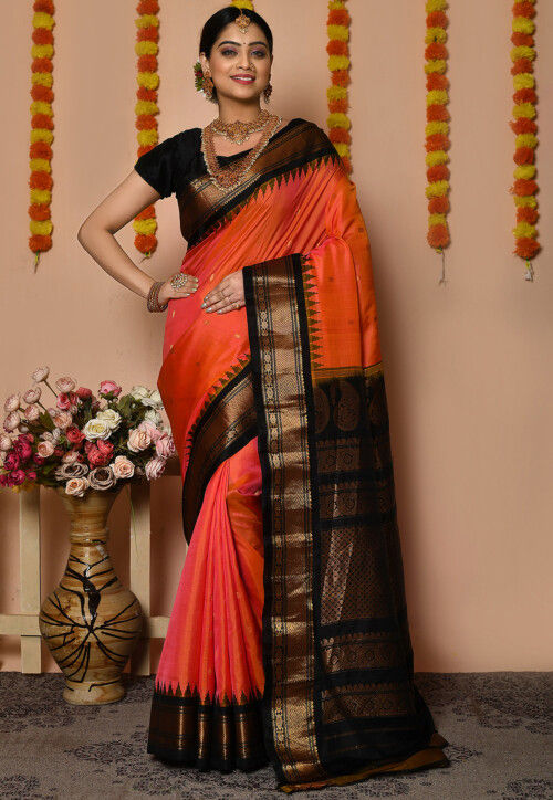 Pure Silk Pink-Orange Bridal Dual Shade Saree With Midnight Blue Border |  Shankam Silks