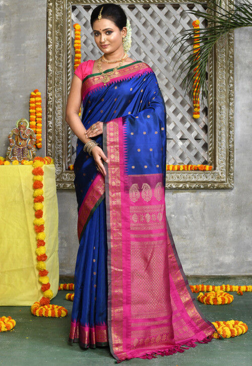 Royal Blue Handloom saree with Green pallu - IN WEAVE - 3415292