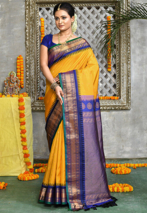 Buy Yellow and Pink - Gadwal Silk Saree online | Gadwal silk from  ShrusEternity