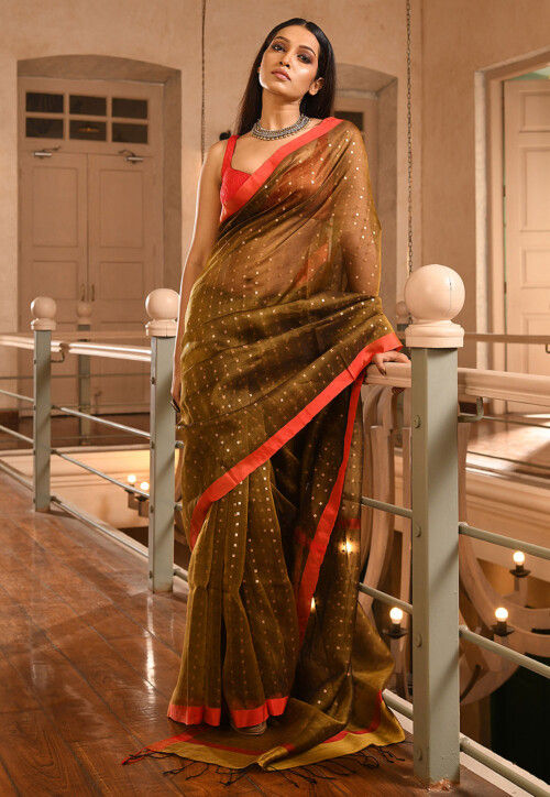Handloom Pure Silk Saree in Dark Olive Green