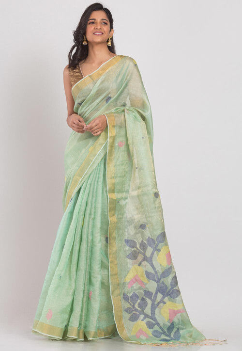 Textured garden weave pure handloom soft silk saree in luminous green