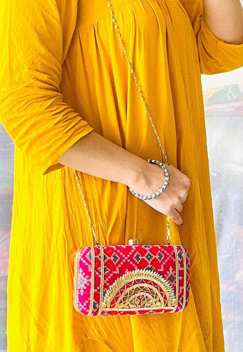 Ikat Printed Art Silk Clutch Bag in Fuchsia