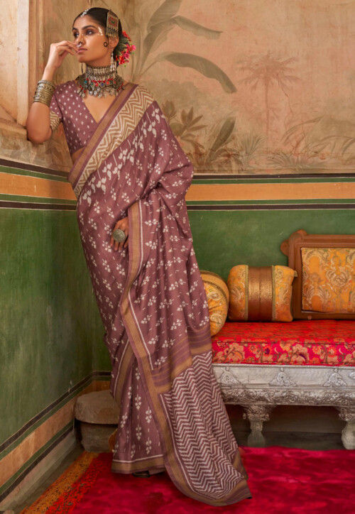 Ikat Printed Art Silk Saree in Brown