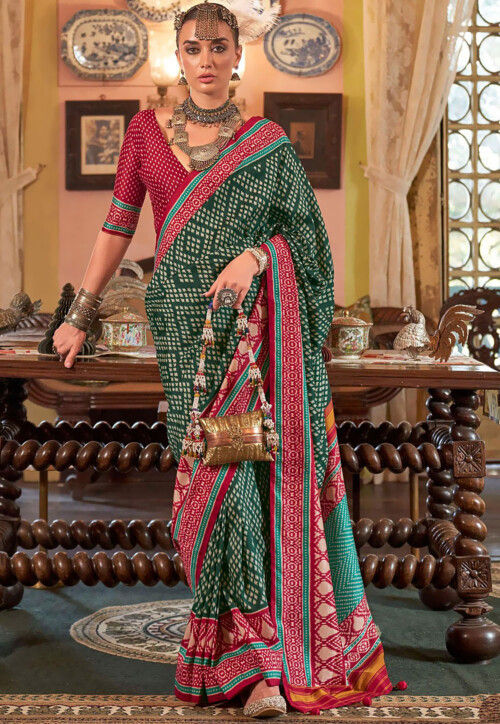 Ikat Printed Art Silk Saree in Dark Green