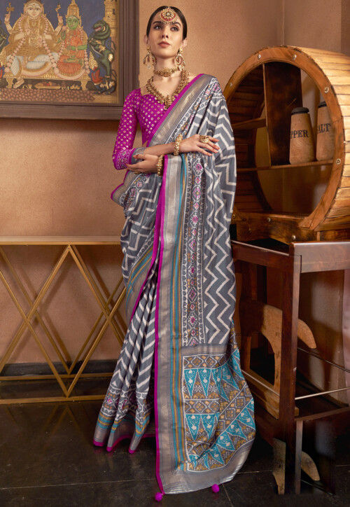 Ikat Printed Art Silk Saree in Grey