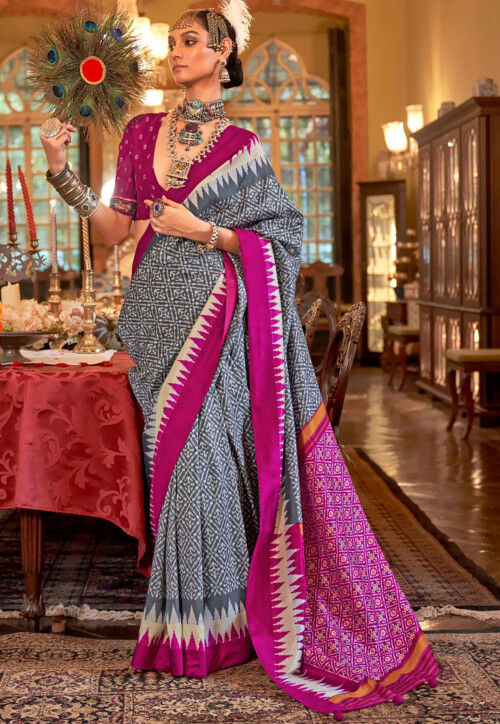 Ikat Printed Art Silk Saree in Grey
