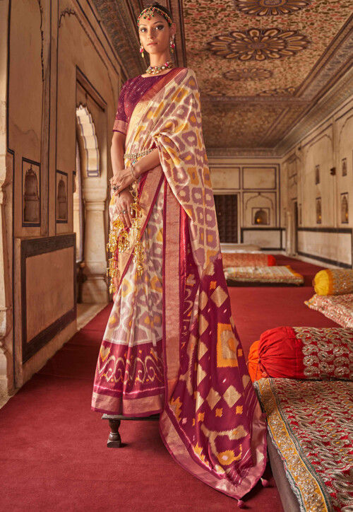 Lilac Pink Ikat Printed Saree Set Design by I Am Design at Pernia's Pop Up  Shop 2024