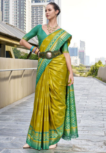 Ikat Printed Art Silk Saree in Olive Green