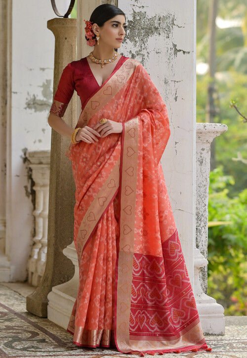 Ikat Printed Art Silk Saree in Orange