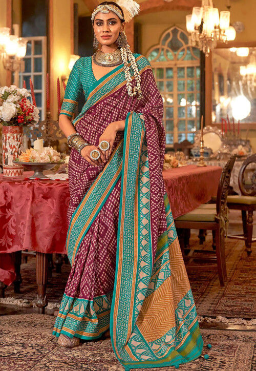 Ikat Printed Art Silk Saree in Purple