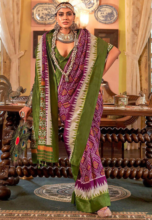 Ikat Printed Art Silk Saree in Purple