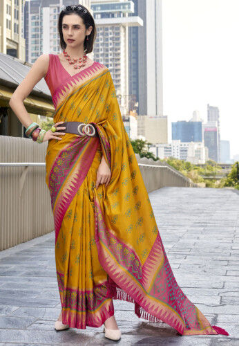 Ikat Printed Art Silk Saree in Yellow