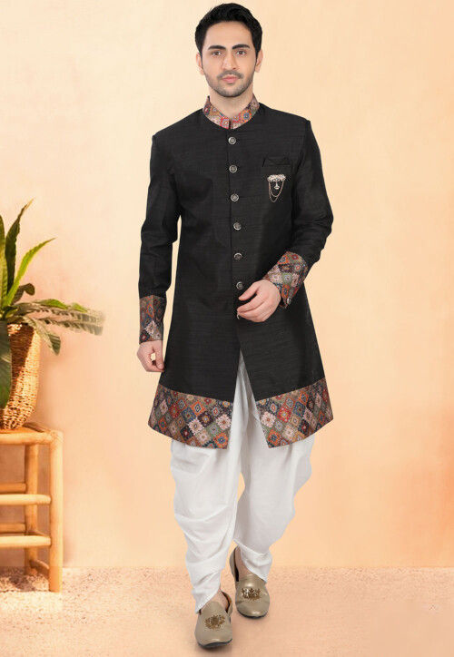 Ikat Printed Art Silk Sherwani in Black