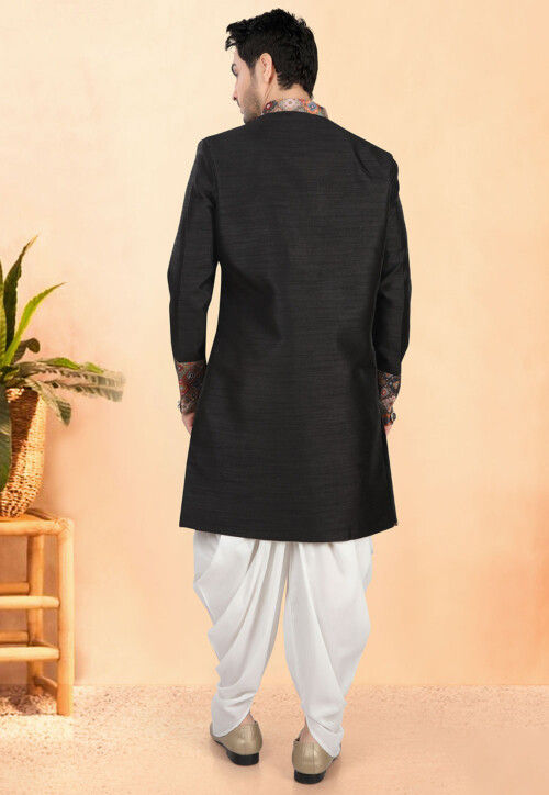 Ikat Printed Art Silk Sherwani in Black