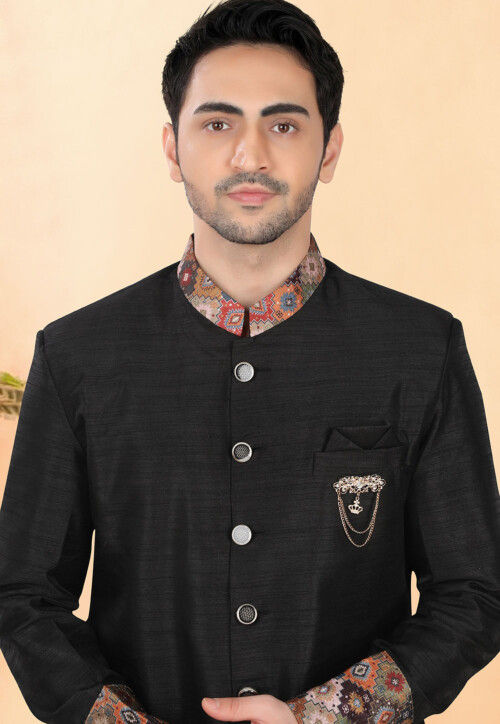 Ikat Printed Art Silk Sherwani in Black