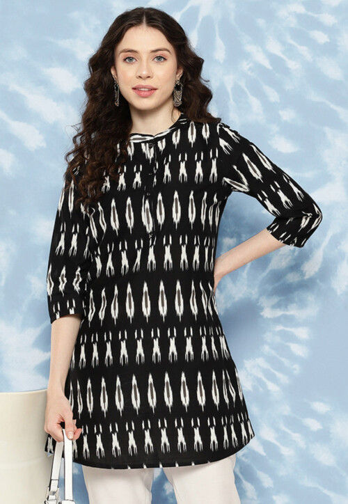 Buy Ikat Printed Cotton Aline Kurtis in Black Online TUV469 Utsav Fashion