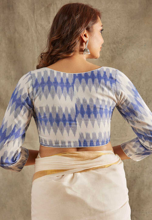 Ikat Printed Cotton Blouse in Off White and Blue