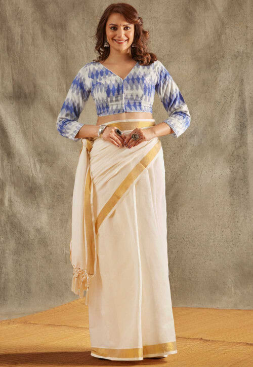 Ikat Printed Cotton Blouse in Off White and Blue