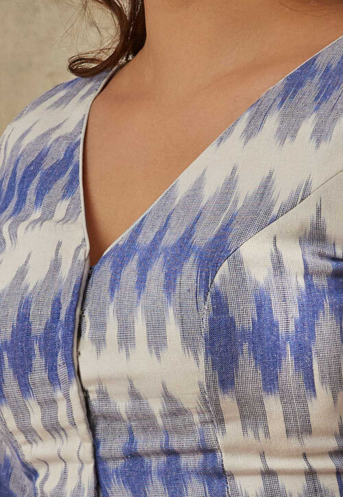 Ikat Printed Cotton Blouse in Off White and Blue