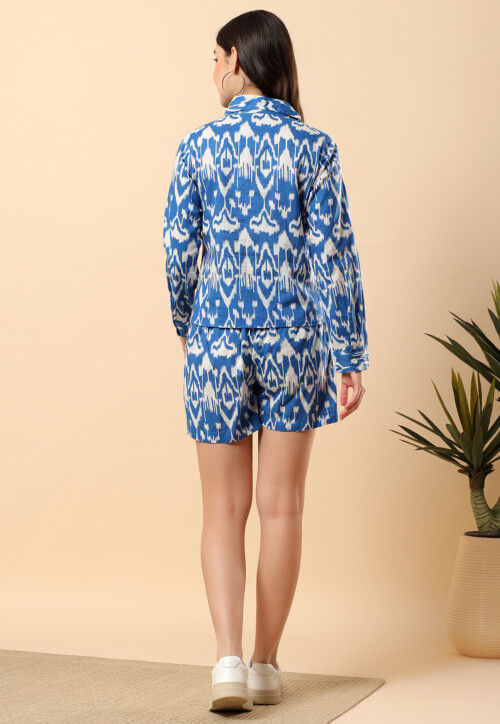 Ikat Printed Cotton Co Ord Set in Blue