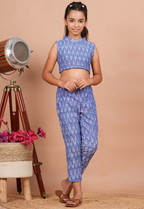 Ikat Printed Cotton Co-Ord Set in Light Blue