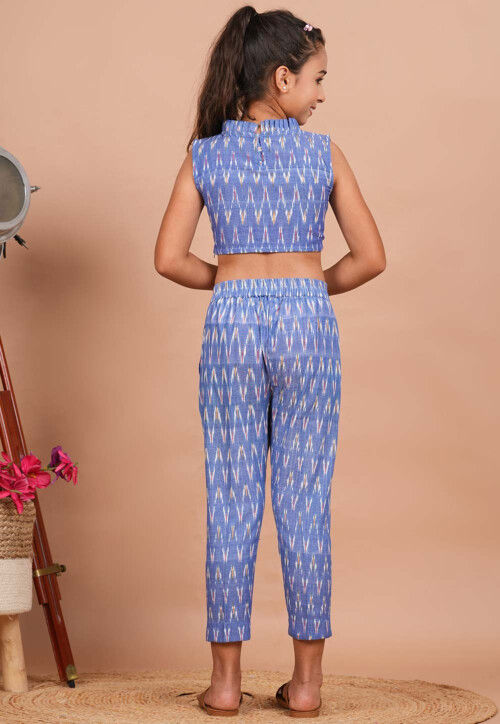 Ikat Printed Cotton Co-Ord Set in Light Blue