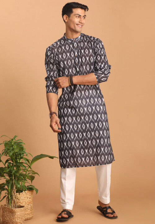 Ikat Printed Cotton Kurta Set in Charcoal Black