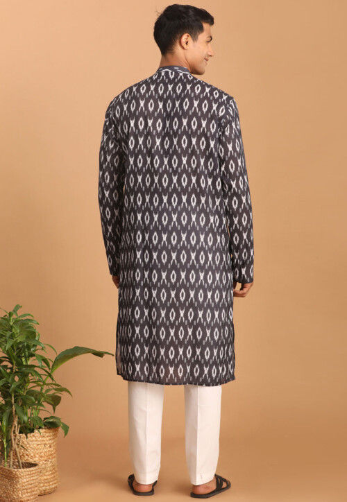 Ikat Printed Cotton Kurta Set in Charcoal Black