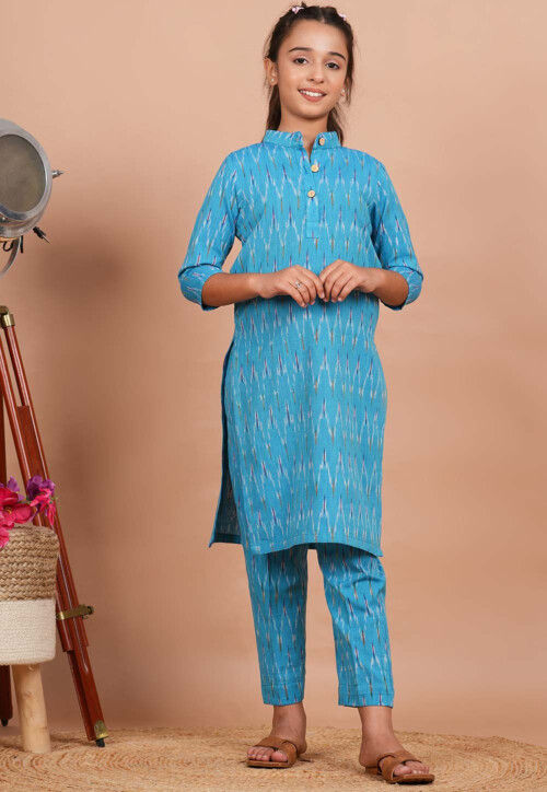 Ikat Printed Cotton Kurta Set in Sky Blue