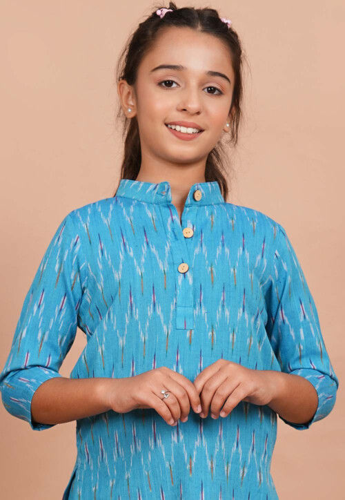 Ikat Printed Cotton Kurta Set in Sky Blue