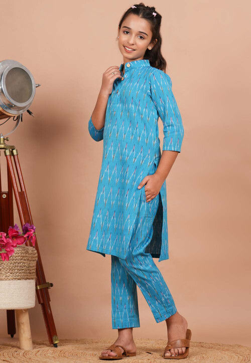 Ikat Printed Cotton Kurta Set in Sky Blue