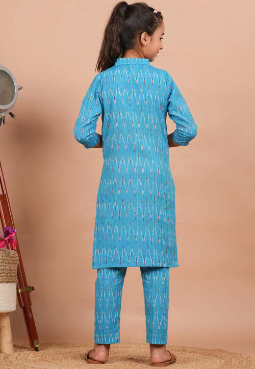 Ikat Printed Cotton Kurta Set in Sky Blue