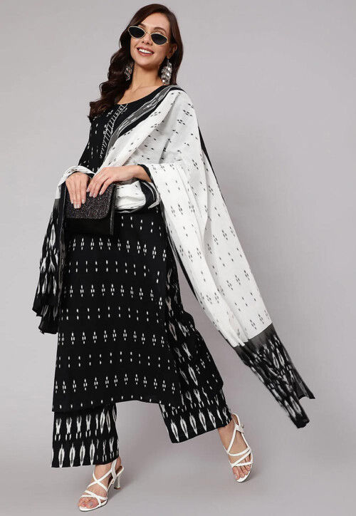 Ikat Printed Cotton Pakistani Suit in Black